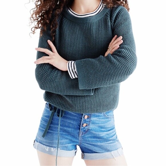 Madewell Wafflestitch Sweater Pine Green Cinched Tie Hem Top Women’s Size Small - Picture 8 of 8